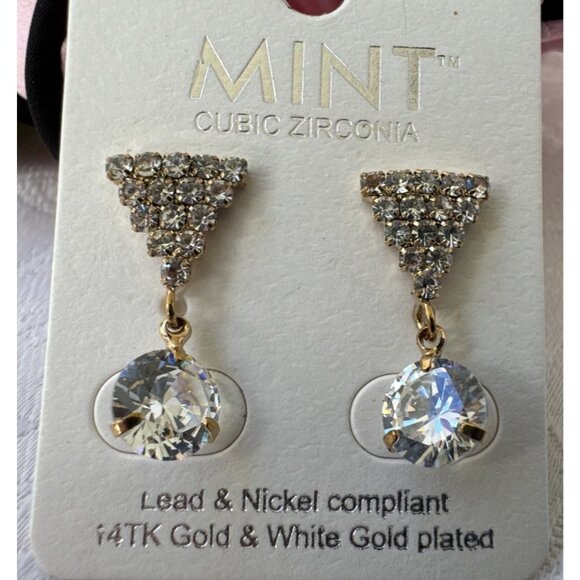 Mint Lead Nickel Free 14K Gold & White Gold CZ Earrings Triange Drop NEW - Picture 4 of 7